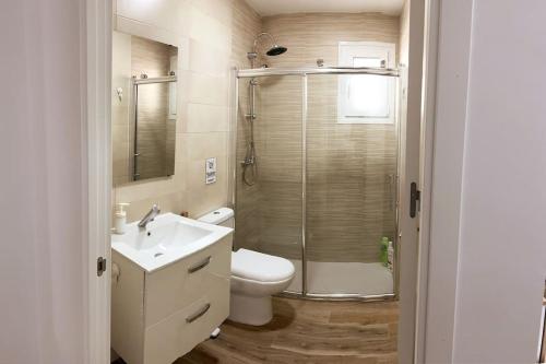 Un baño con ducha, inodoro y lavabo. en Precioso apartamento con patio/terraza Zona centro, en Jerez de la Frontera