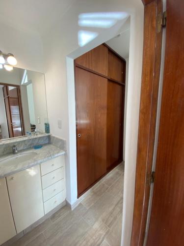 a bathroom with a wooden door and a sink at Alberdi Centro in Tandil