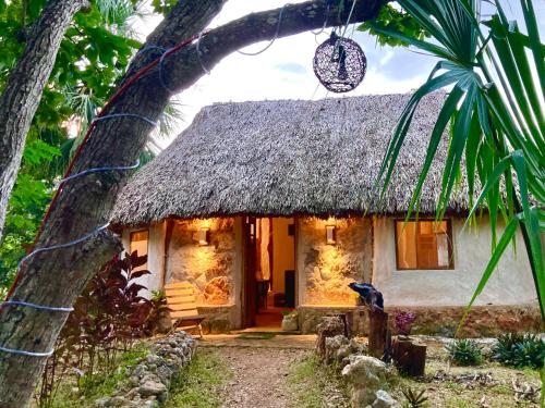 a small house with a thatch roof at Encantadora Villa Maya tradicional en Rancho Agroecologico in Tzucaceb