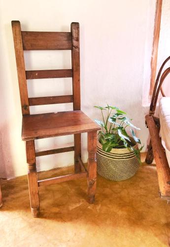 a wooden chair sitting in a room with a plant at Encantadora Villa Maya tradicional en Rancho Agroecologico in Tzucaceb