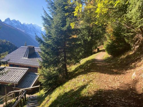 a house on a hill with trees in front of it at La Ribambelle in Chamonix-Mont-Blanc