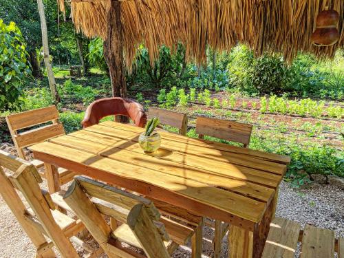 a wooden table with two chairs and a grass umbrella at Encantadora Villa Maya tradicional en Rancho Agroecologico in Tzucaceb