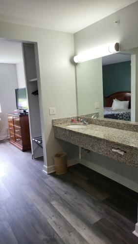 a bathroom with a sink and a large mirror at Stonewood Inn & Suites of Carrollton - Smithfield in Carrollton