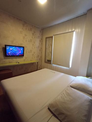 a bedroom with a large bed and a flat screen tv at Hotel Aleander in Jakarta