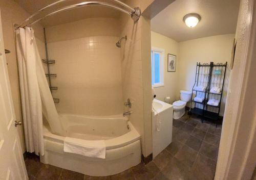 e bagno con doccia, vasca e servizi igienici. di Sierra Woods Lodge a Emigrant Gap