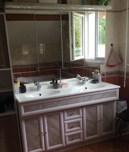 une salle de bain avec deux lavabos et un grand miroir dans l'établissement Location Chambres Le Panorama - Aéroport Genève - Pays de Gex, à Chevry