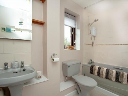 a white bathroom with a toilet and a sink at The Seashell in Dawlish Warren