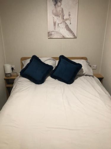 a bed with two blue pillows on top of it at Modern 3 bedroom caravan near the beach in Walton-on-the-Naze