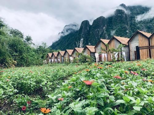 Une rangée de maisons dans un champ de fleurs dans l'établissement Vangvieng Angsavanh Resort, à Vang Vieng