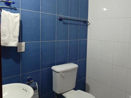 ein blau gefliestes Bad mit WC und Waschbecken in der Unterkunft Casa de Claudia y Hugo in Oaxaca de Juárez