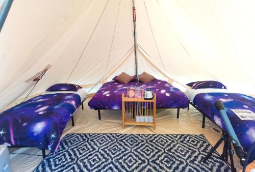 a tent with two beds and a table in it at Coonawarra Bush Holiday Park in Coonawarra