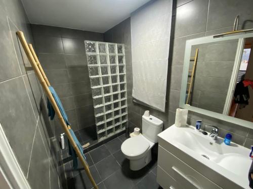 bagno con servizi igienici, lavandino e specchio di Holiday house Parque Azul Playa La Arena FREE WIFI a Puerto de Santiago