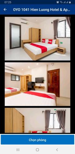 two pictures of a hotel room with two beds at căn hộ Hiền Lương in Da Nang