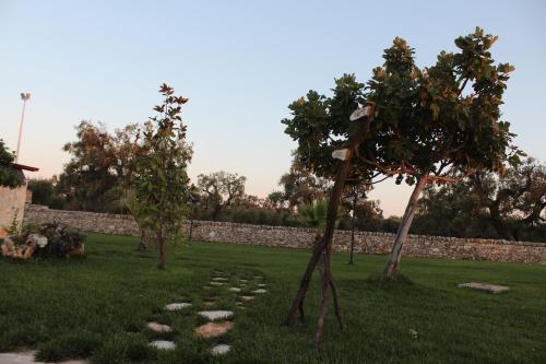 a garden with two trees and a stone wall at Masseria Valente in Ostuni