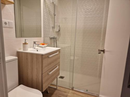 a bathroom with a shower with a sink and a toilet at ESQUÍ PIRINEO ARAGONÉS APARTAMENTO EL JUNCARAL Wifi in Villanúa
