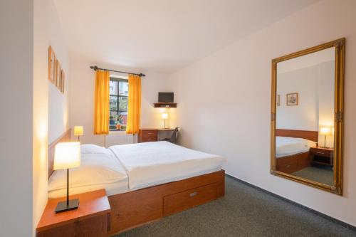 a bedroom with a bed and a large mirror at Hotel Krokus in Pec pod Sněžkou