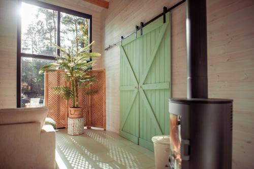 zielone drzwi stodoły w pokoju z rośliną w obiekcie Strefa Relaksu Siemiany w mieście Siemiany