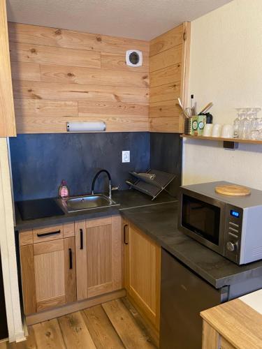 a kitchen with a sink and a microwave at Poutran 2, studio 4 personnes au pied des pistes avec grande terrasse in Oz