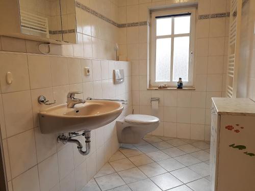 a bathroom with a sink and a toilet at Feriendomizil-Goethestr-App-06 in Ahlbeck