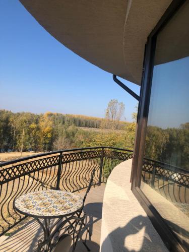 einen Tisch und einen Stuhl auf dem Balkon in der Unterkunft FLORENA HOUSE in Pecineaga