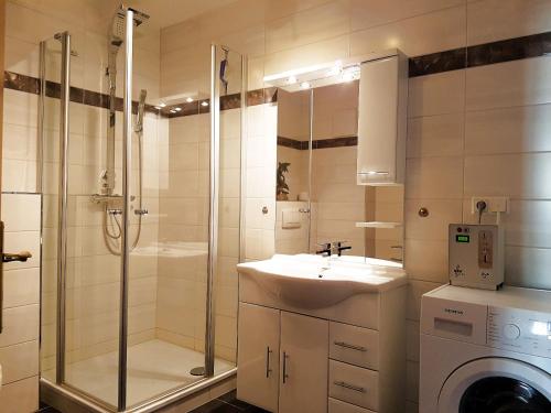ein Badezimmer mit einem Waschbecken, einer Dusche und einer Waschmaschine in der Unterkunft Strandoase Whg 14 in Heringsdorf