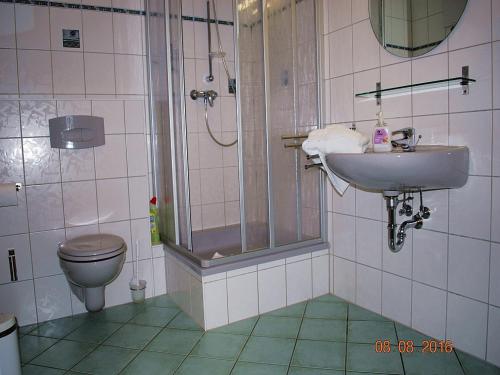 a bathroom with a shower and a sink and a toilet at Strandoase-App-04 in Heringsdorf