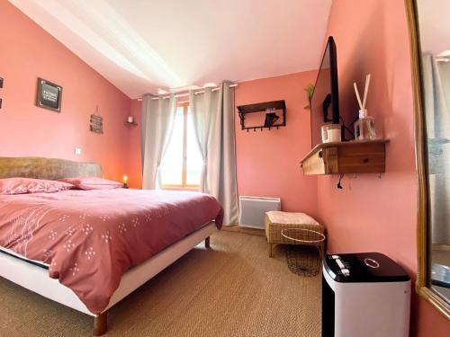 um quarto com paredes cor-de-rosa e uma cama com um espelho. em Rooftop Face à la Cité 'RFC' em Carcassonne