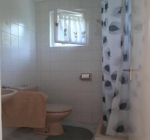La salle de bains est pourvue de toilettes, d'un lavabo et d'une fenêtre. dans l'établissement Portum vendégház, à Siófok