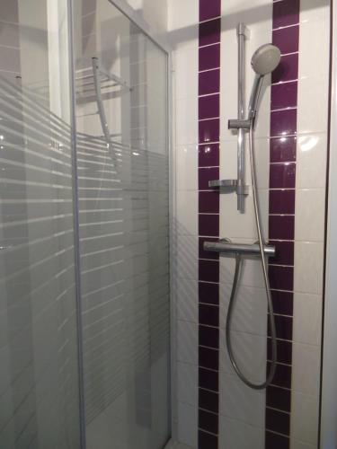 une douche avec une porte vitrée dans une salle de bain dans l'établissement le select Héliopolis hg, au Cap d'Agde
