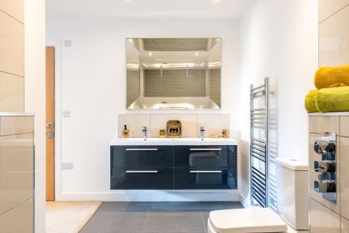 a bathroom with a blue sink and a mirror at Immaculate 4-Bed Cottage in Lincoln in Sudbrooke