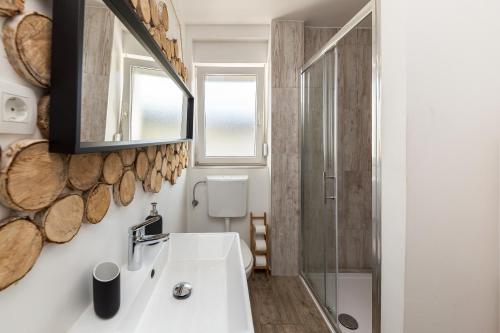 a bathroom with a sink and a shower at Apartments Rok in Ljubljana