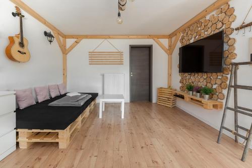 una camera con divano, TV e chitarra di Apartments Rok a Lubiana