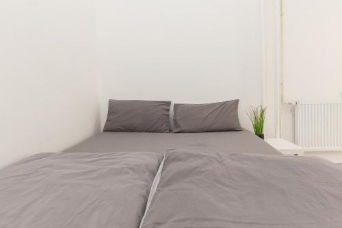 a bed with two gray pillows in a white room at Apartments Keber in Ljubljana