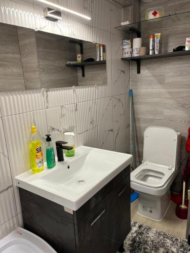 a bathroom with a sink and a toilet at Apartment centru Chisinau in Chişinău
