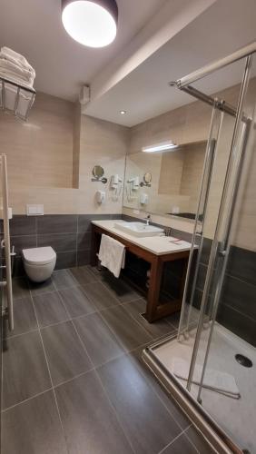 a bathroom with a sink and a toilet and a shower at Apartman B428 Vucko in Jahorina