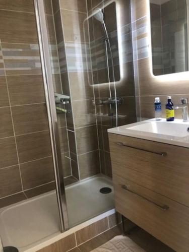 une salle de bain avec douche et lavabo dans l'établissement Logement entier - Quartier Phare - Tranche sur Mer, à La Tranche-sur-Mer