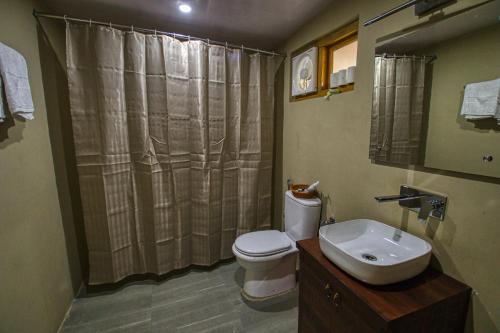 a bathroom with a toilet and a sink and a shower at Chalet Seabuckthorn - Hunder in Hundar