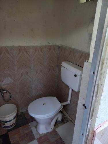 a bathroom with a white toilet in a room at The Freedom Huts in Pokhara