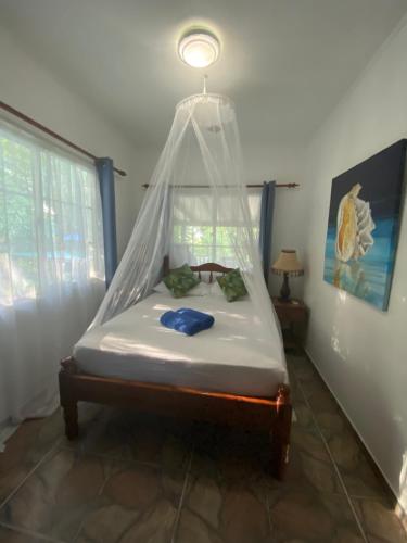 a bed with a canopy in a room at Blissful hill top Apartment in Anse Possession