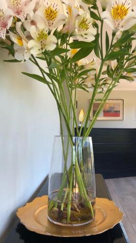 a vase filled with white flowers on a table at La casona Talpen in Constitución