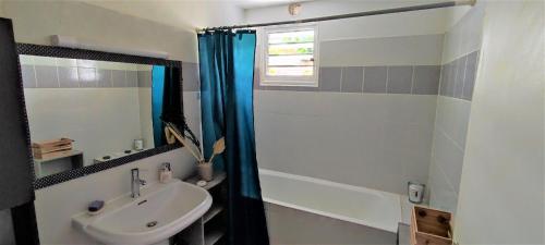 uma casa de banho com um lavatório, uma banheira e um chuveiro em T2 Zen Évasion tout confort climatisé Saint Denis em La Montagne