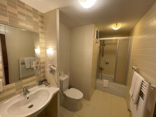 Un baño con lavabo, inodoro y ducha. en Beceren Hotel, en Bursa