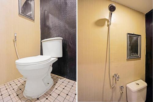 two pictures of a bathroom with a toilet and a shower at OYO 91867 Gangnam Style Kutai in Surabaya