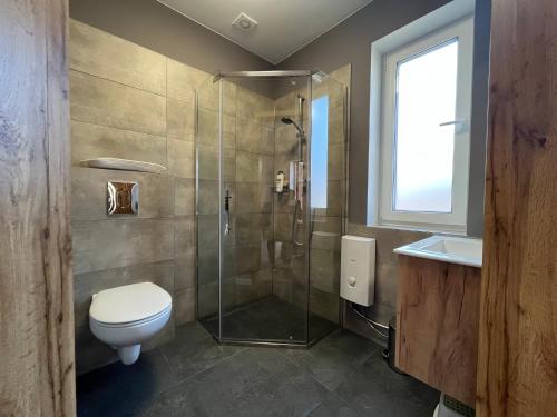 a bathroom with a shower and a toilet and a sink at U Gruszków - domek pod Chojnikiem in Jelenia Góra