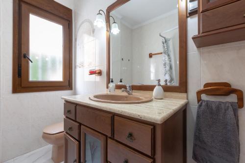 a bathroom with a sink and a toilet and a mirror at Casa Guadalmar in Málaga