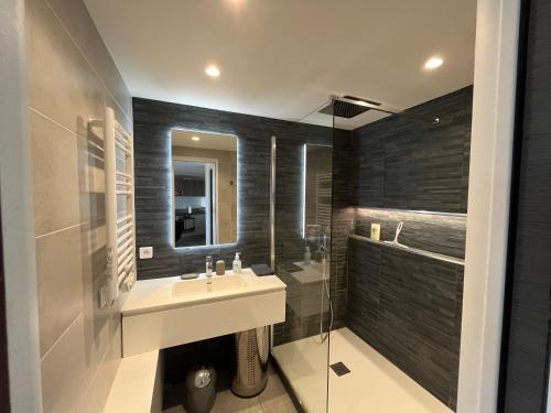 ein Bad mit einem Waschbecken und einer Dusche in der Unterkunft Appartement 2 pièces vue mer, à proximité de tout in Mandelieu-la-Napoule