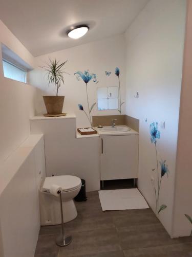 een badkamer met een toilet en een wastafel bij La cambuse des gones - Gîte 3 chambres in Thurins