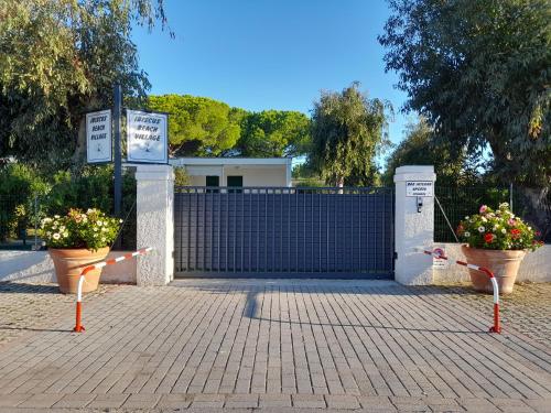 a gate with two pots of flowers in front of it at Ibiscus Beach Village in Follonica