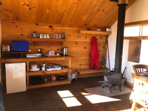 a kitchen with wooden walls and a refrigerator in a room at Les Cabines Nordik 2.0 in Shawinigan