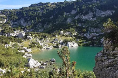 a green lake in the middle of a mountain at 'dasBergblick' in Altaussee